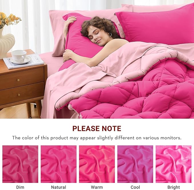 7 Pieces King Comforter Set, Reversible Bed in a Bag King Size, All Season Bedding Set with Comforter, Flat Sheet, Fitted Sheet, Pillowcases & Shams, Hot Pink & Baby Pink