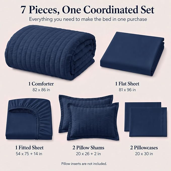 Full Size Comforter Sets 7 Pieces Navy Blue Seersucker Bed in a Bag | OEKO-TEX Certified, All Season Bedding Set with 240 GSM Down Alternative Comforter, Flat & Fitted Sheets, Pillowcases & Shams
