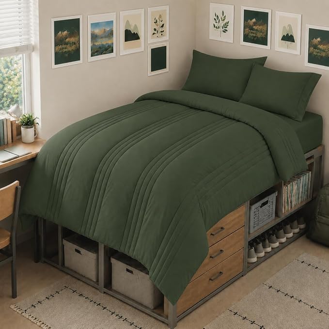 Twin XL Comforter Set Olive Green - 5 Pieces Complete Bedding Set | College Dorm Essentials, OEKO-TEX Certified, 240GSM Down-Alternative Comforter, 14" Deep-Pocket Sheets, Sham & Pillowcase