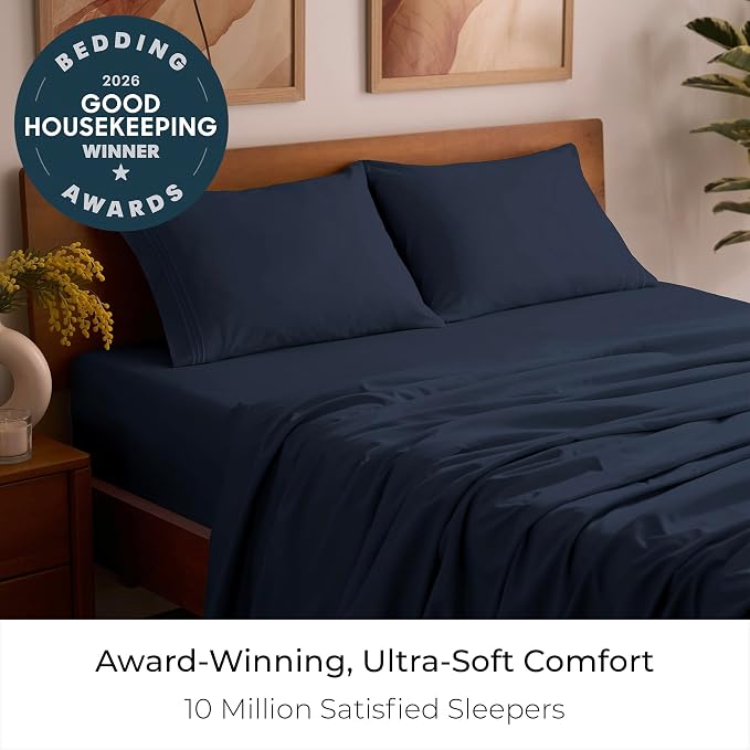 Mellanni Iconic 4-Piece, Ultra Soft Sheet Set (Queen, Navy Blue) | 10M+ Sleepers. Lab-tested: Sleeps Cool, Stays Bright, Strong, Smooth. Good Housekeeping Best Bedding, 7 yrs running.