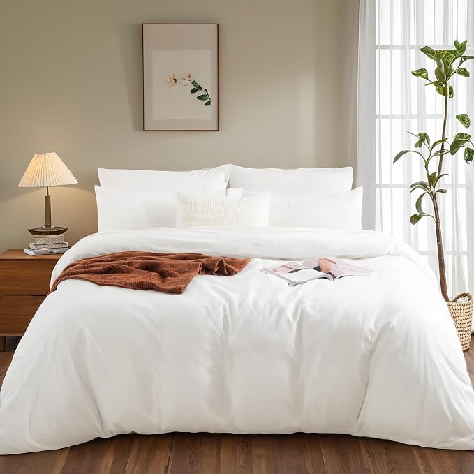 NEXHOME PRO Duvet Cover Set 100% Washed Cotton Full Size Linen Feel Textured Organic Natural 3 Pieces Bedding Set with Zipper Closure and Corner Ties, Breathable and Soft (White, No Comforter)