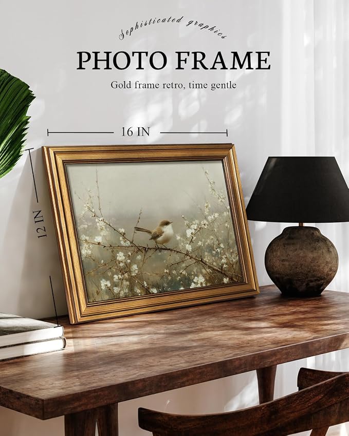 VIYYIEA Vintage Gold Framed Wall Art for Living Room, Sparrow Canvas Prints Home Decor, Spring Painting Picture, Bedroom Wall Decor Gifts for Friends or Family -【Sparrow on Branches】-(16L x 12W)