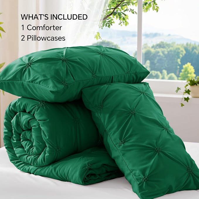 BEDELITE King Comforter Set Forest Green,Lightweight & Soft Comforter | Pintuck Boho Bedding, Warm & Cute Bed Set for All Season,With 2 Pillowcases
