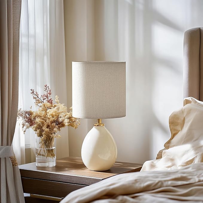 18.5" Ceramic Table Lamps Set of 2 for Living Room Bedroom, White | Bedside Lamps for Bedroom Nightstand, Ice Crackle Home Bedroom Living Room Decor, Linen Fabric Shade, 3-Color Temperature