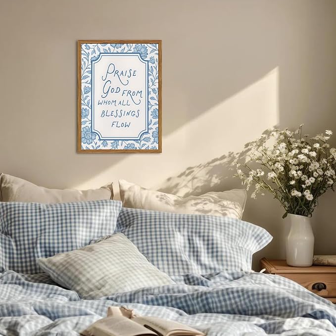 Framed Christian Wall Art, Bible Verse Praise God From Whom All Blessings Flow Pictures Wall Decor, Blue Floral Scripture Paintings Canvas Prints Religious Home Decor for Prayer Living Room 12x16 inch