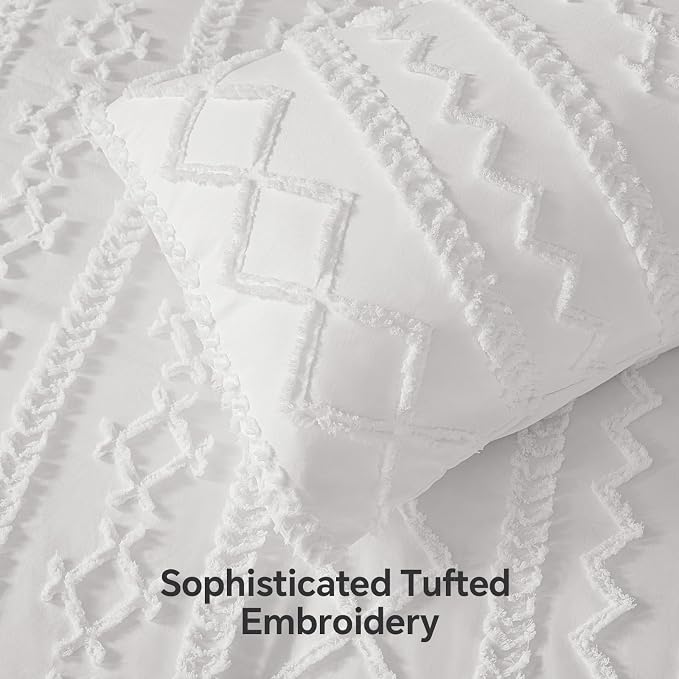BEDELITE Queen Comforter Set 7 Pieces,Boho Bed in a Bag,White | Tufted Bed Set for All Seasons,Soft Farmhouse-Style Embroidery Bedding,Includes Flat & Fitted Sheets,2 Pillowcases & 2 Shams