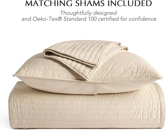 EVERGRACEHOME Cotton Sateen Quilt Set, Queen Size, Light Sand | 100% Cotton, Channel Stitch Coverlet Bedspread, Pre-Washed Lightweight Soft Bedding Set for All Season, 3 Piece, with 2 Shams