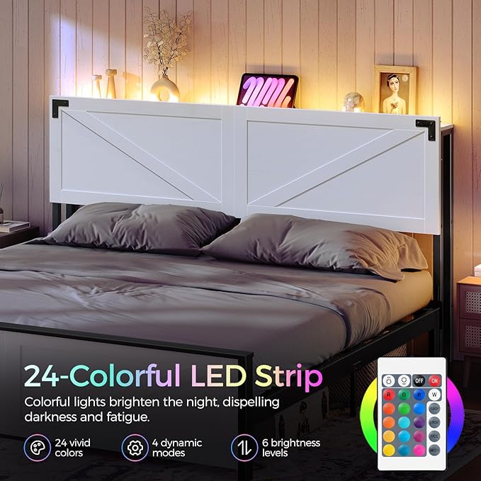 MAHANCRIS King Headboard with Charging Station, LED Light and Storage | Farmhouse Wooden Bed Head with Bed Frame Adapter LED Adjustable Brightness and Color Modes Easy Assembly White