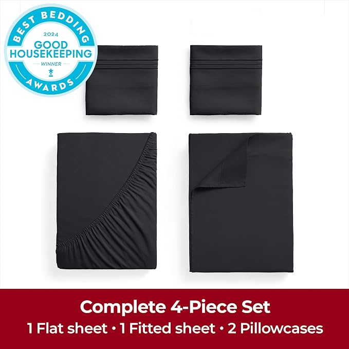 Mellanni Iconic 4-Piece, Ultra Soft Sheet Set (California King, Black) | 10M+ Sleepers. Lab-tested: Sleeps Cool, Stays Bright, Strong, Smooth. Good Housekeeping Best Bedding, 7 yrs running.