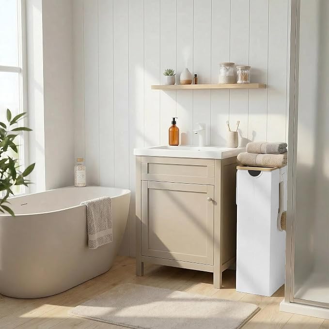 efluky Slim Laundry Basket with Lid, Narrow Laundry Hamper with Removable Bag, Skinny Dirty Clothes Basket with Bamboo Handles for Bathroom, Bedroom & Laundry Room, 75L White