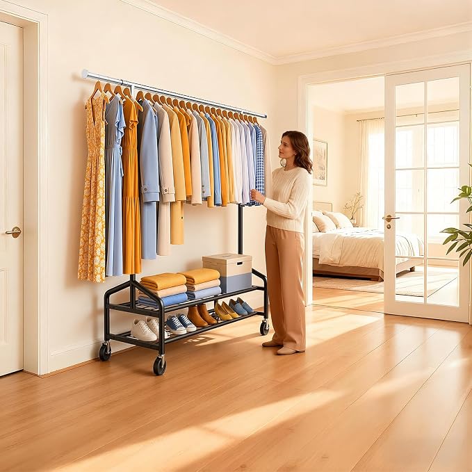 Heavy Duty Clothes Rack, Rolling Clothing Rack Load 650 LBS for Hanging Clothes with 2 Sturdy Shelves, Metal Garment Rack with Wheels for Bedroom, Laundry Room, Retail Store, Silver-Black