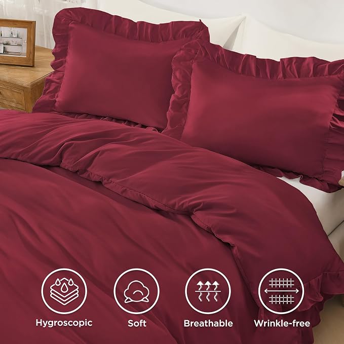 Andency Burgundy Ruffle Duvet Cover King, Shabby Chic Farmhouse Bedding Set | 3 Pieces Soft Washed Polyester Vintage Ruffled Comforter Cover Set with Zipper Closure & Corner Ties, 104x90Inch