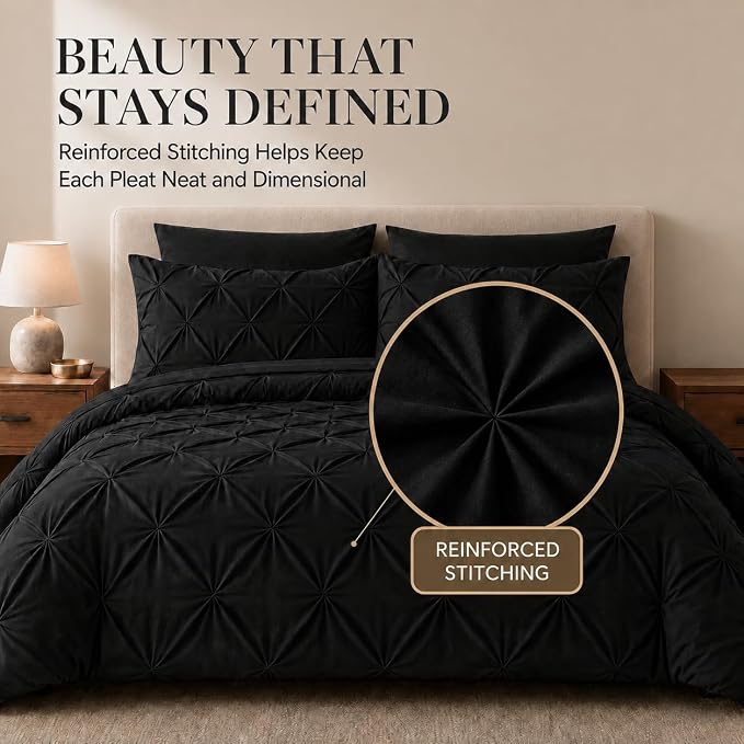 HIMEET Twin Comforter Set Black - 5 Pieces Pintuck Bed in a Bag | OEKO-TEX Certified, 240GSM Down Alternative Comforter, 14" Deep Pocket Fitted Sheet + Flat Sheet + 1 Pillowcase + 1 Sham