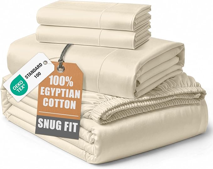 LANE LINEN Queen Bed Sheets 100% Egyptian Cotton Sateen - Ivory | Sheets Queen Size Bed Set - 4-Piece Set, For A Luxurious Night's Sleep, For Guests And Everyday Use, Luxe Sheen,
