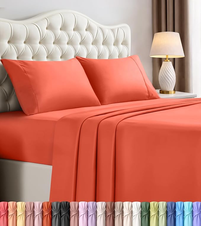 California King Sheets Set, 4 Pieces 16" Deep Pocket Bed Sheets, Coral | Extra Soft Bedsheet Set, Comfy & Breathable Cooling Sheets, Wrinkle & Fade Resistant, Fitted Sheet, Flat Sheet, 2 Pillowcases