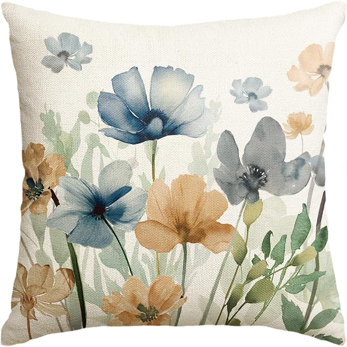 AVOIN colorlife Chinoiserie Poppy Flowers Throw Pillow Cover 18x18 Inch | Light Brown Blue Seasonal Leaves Cushion Case Decoration for Sofa Couch Farmhouse