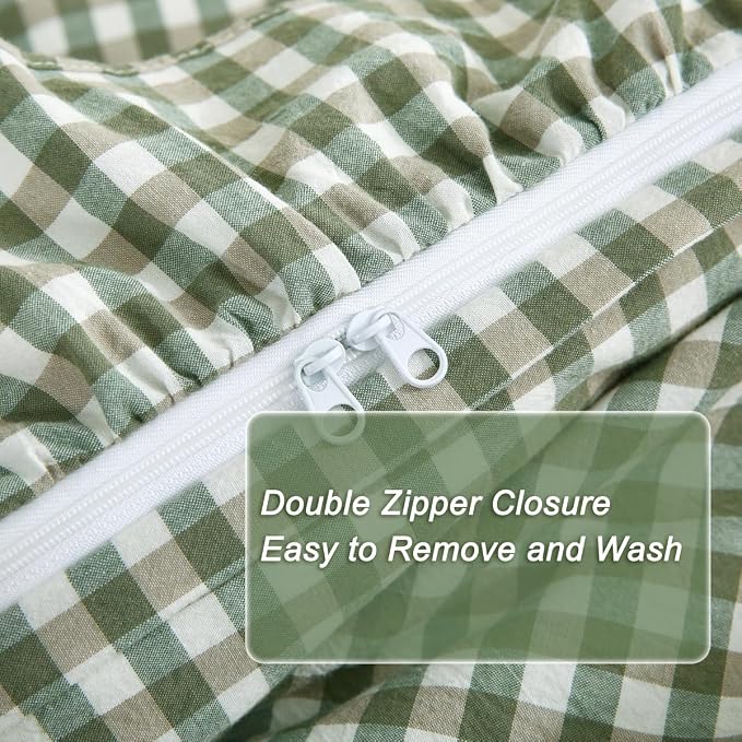 Silnuo Sage Green/White Gingham Plaid Ruffle Duvet Cover Queen Size | 100% Washed Cotton 3 Pcs Vintage Checkered Chic Farmhouse Bedding Set Comforter Cover Set (Queen,Sage Green/White)