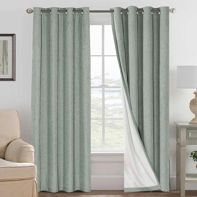 H.VERSAILTEX Linen Curtains 100% Blackout Curtains for Bedroom 102 inch Long Full Light Blocking Nature Linen Blended Window Curtains for Living Room Nickel Grommet (2 Panels, Green Bay)