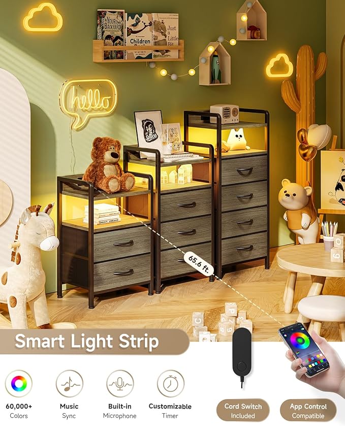 Lazzanto Nightstand with Rear Charging Station, LED Light, 2 Drawers, Grey | Industrial Nightstand, 2 USB-A Ports & AC Outlets, Raised Back Guard, Fabric Storage Drawers, Bedside Table for Bedroom, Dorm