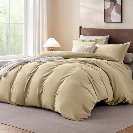 FreshCulture Duvet Cover Queen Size - 3 Pieces Microfiber Duvet Cover Set with Zipper Closure - Lightweight & Easy Care - 1 Comforter Cover & 2 Pillow Shams - Comforter Not Included (Beige)