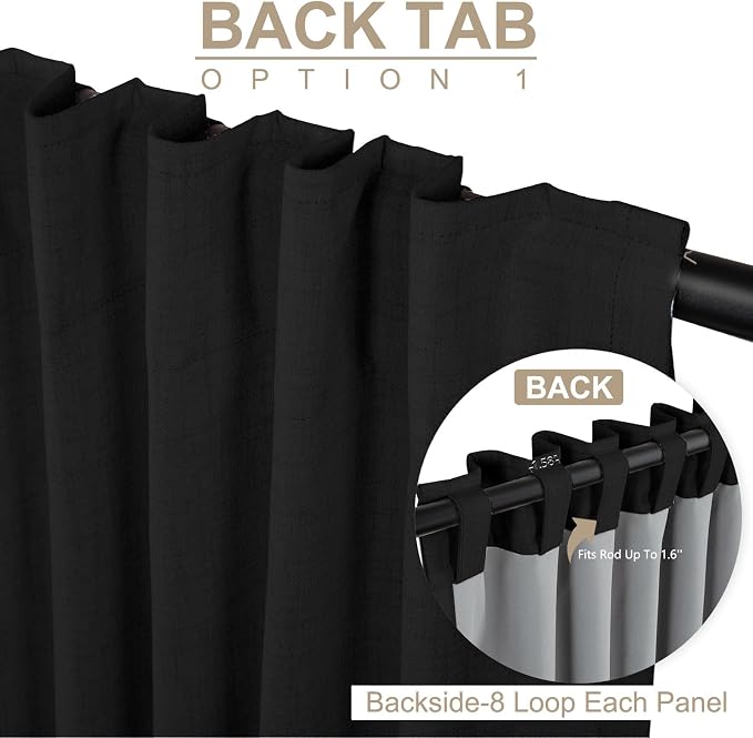 Linen Textured Total Blackout Curtains for Bedroom 84 Inches Long, Black | 100% Blackout Shield, Back Tab/Rod Pocket Living Room Drapes, Thermal Insulated Blackout Curtains 2 Panels Set, 42"W x 84"L