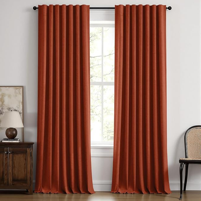 MIULEE Fall 100% Blackout Linen Curtains 42 x 96 Inch Burnt Orange 2 Panels | Thermal Insulated, Room Darkening Drapes for Bedroom Living Room, Back Tab Rod Pocket Pinch Pleated, Solid Luxury Decor