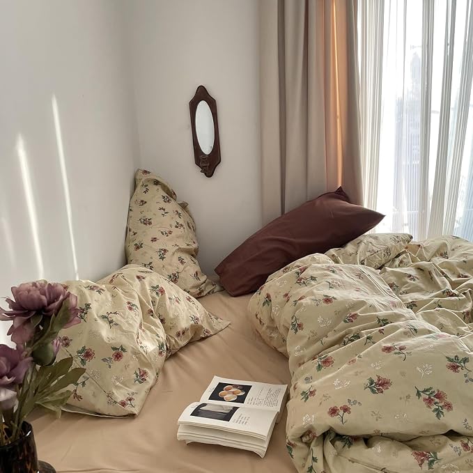 mixinni Vintage Floral Duvet Cover Queen Size - 3 Piece 100% Cotton Cottagecore Red Flowers & Green Leaves Bedding, Soft Botanical Comforter Cover & Pillowcases, Aesthetic Spring Bed Set for Girls