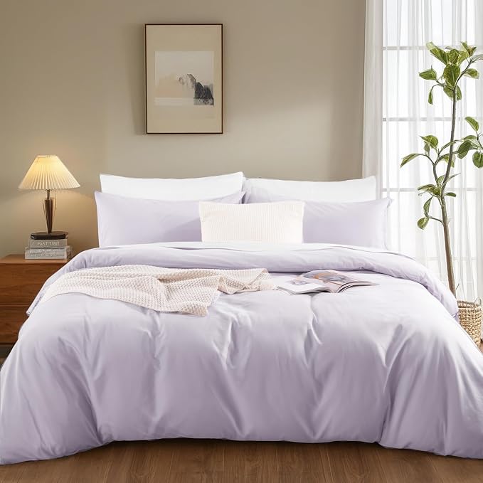 NEXHOME PRO Full Duvet Cover Set, 100% Washed Cotton with Linen-Like Texture, Natural Organic, Breathable & Comfortable, Includes Home Bedding Set Lilac (No Comforter) 80"x90"