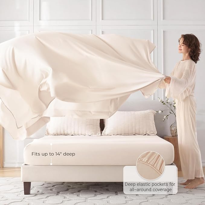 7 Pieces Oversized Queen Comforter Set, Seersucker Bed in a Bag Oversized Queen Size, All Season Luxury Bedding Set with Comforter, Flat Sheet, Fitted Sheet, Pillowcases & Shams, Beige