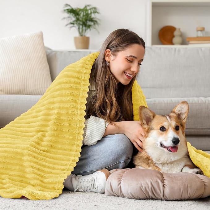 BEDELITE 3D Ribbed Light Yellow Fleece Twin Blanket for Couch, 60x80 Inch | Soft Warm Fluffy Blanket for Bed Sofa College Dorm Room Decor, Luxury Cozy Plush Birthday Gifts for Women Girls, Lightweight