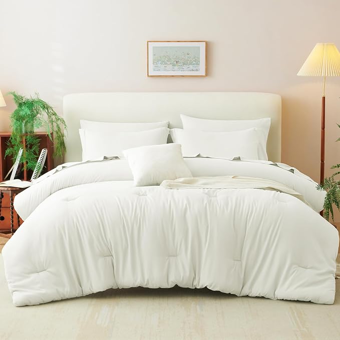 Oversized King Comforter Set Ivory, 7 Pieces Bed in a Bag | OEKO-TEX Certified, All-Season, Bedroom, 240GSM Down Alternative Comforter, Flat & Fitted Sheets, 2 Pillowcases & 2 Shams