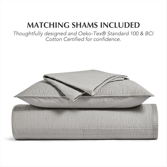 EVERGRACEHOME Cotton Sateen Channel Quilt Set, Queen Size, Fog Gray | 100% Cotton, Pre-Washed Soft Coverlet Bedspread, 3-Piece Refined Channel Stitch Bedding Set for All Season, 2 Pillow Shams