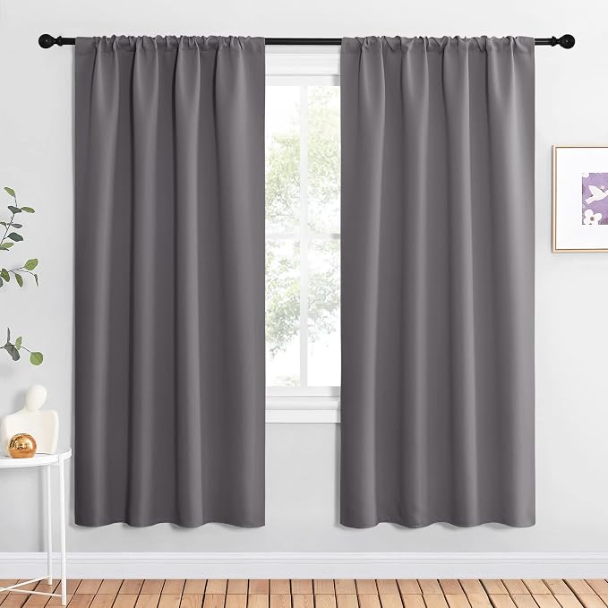 NICETOWN Gray Blackout Curtains for Office 42" Wide x 72" Long 2 Panels | 3 Pass Microfiber Noise Reducing Thermal Insulated Solid Rod Pocket Window Panels Drapes for Bedroom, Light Blocking Decor