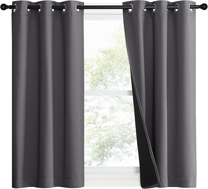 NICETOWN Grey Blackout Curtains for Bedroom 37" Wide x 40" Long 2 Panels | 100% Room Darkening with Black Liners Solid Thermal Insulated 2-Layer Lined Drapes, Energy Efficiency Window Draperies Decor