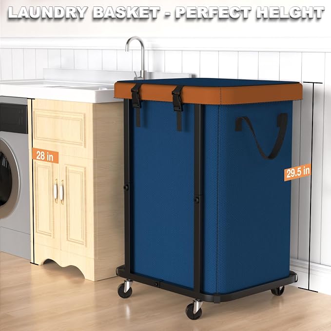 Laundry Basket with Wheels,150L (40 Gal) Rolling Hamper Carts - Navy Blue | Leather Patchwork Laundry Hamper,Sturdy Metal Frame, Removable Washable Bag, Tall Clothes Sorter for Bedroom, Laundry Room