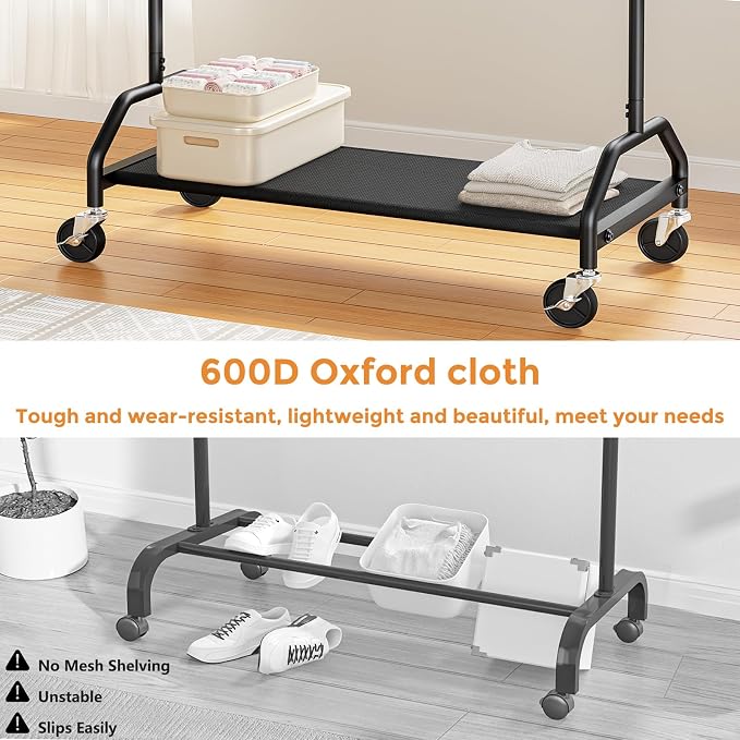 Wiracks Clothes Rack Double Hanging Clothes Rack Clothing Rack Garment Rack 130LBS Capacity 34.5" W X15.8 D X 79" H Rolling Clothes Racks for Hanging Cothes with Bottom Shelf