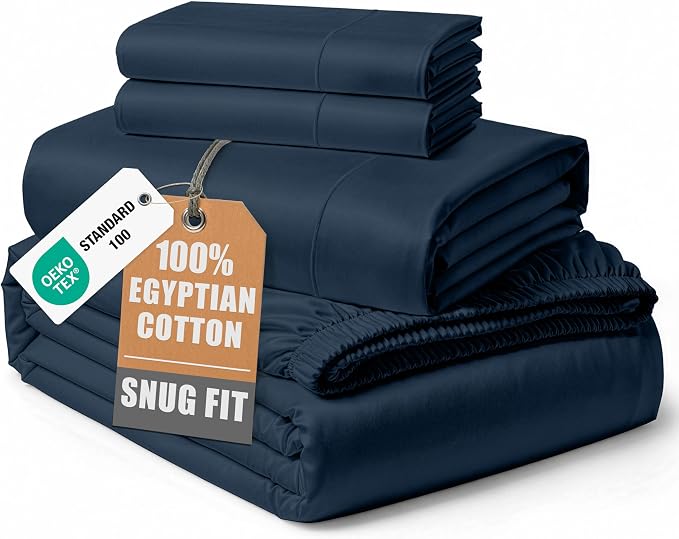 LANE LINEN Cooling Sheets Full Size Egyptian Cotton Sateen - Dark Denim | Full Size Sheets Cotton - 4-Piece Set, Long-Staple Egyptian Cotton, For A Cool, Restful Sleep, Guest-Ready Comfort
