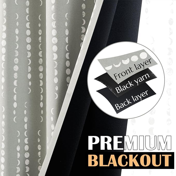 jinchan Boho Blackout Curtains 84 Inches Long Moon Phase Printed Drapes | Grey Farmhouse Curtains for Bedroom Living Room Back Tab Drapes Room Darkening Window Treatments 2 Panels