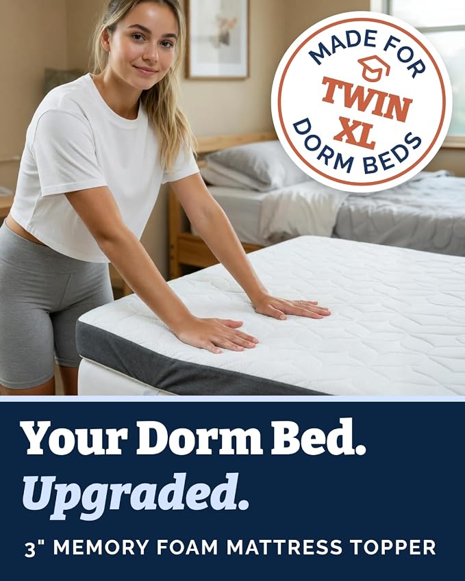Memory Foam Mattress Topper & Cooling Cover - Dorm Room Essentials - 3 Inch | Plush, Thick & Comfy, Pain & Pressure Relief, Twin XL Size Mattress Pad w/ Straps & Removable Washable Cover, Oeko-Tex