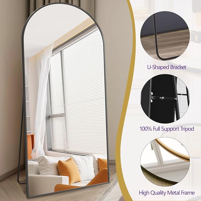Dewfig Arched Full Length Mirror, 76"x34" Large Floor Mirror, Black | Aluminum Alloy Frame Full Body Mirror, HD Shatterproof Tempered Glass, Lean/Stand/Wall for Living Room,Bedroom, Dressing Room