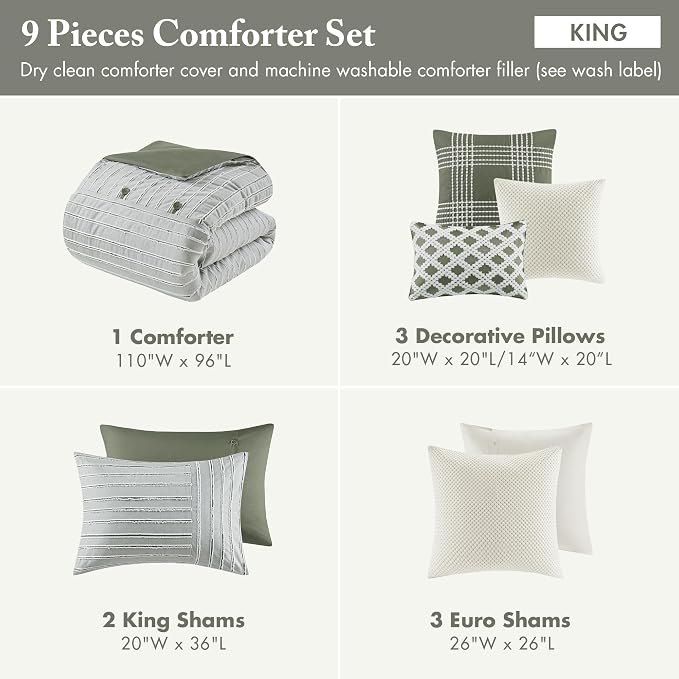 Madison Park Farmhouse King Cotton Comforter Set with Removable Cover, 9pc | Clipped Jacquard Stripes with Buttons Bedding Set, Boho, Oversized, Easy Care, Breathable, Cozy, All Season, Ultra Soft