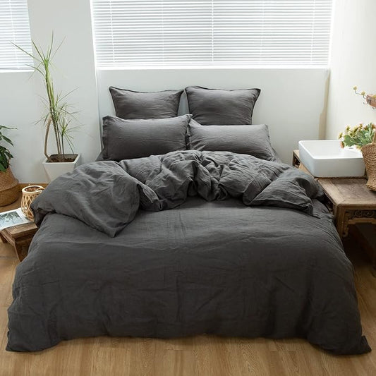 Simple&Opulence 100% Linen Duvet Cover Set 3pcs Basic Style Natural French Washed Flax Solid Color Soft Breathable Farmhouse Bedding with Button Closure - Dark Grey, Queen