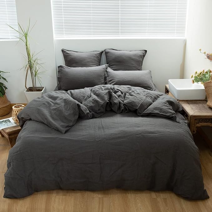 Simple&Opulence 100% Washed Linen Euro Shams 26'' x 26'' Pack of 2, Basic Style Solid Color Natural Flax Farmhouse Decorative Square Throw Pillow Covers for Bed Couch Sofa - Dark Grey