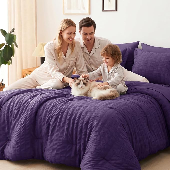 King Size Comforter Set, 7 Pieces Purple Seersucker Bed in a Bag | OEKO-TEX Certified, All Season Bedding Set with 240 GSM Down Alternative Comforter, Flat & Fitted Sheets, Pillowcases & Shams
