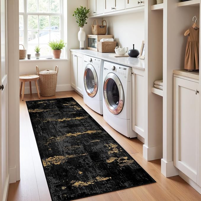 RELEANY Washable Runner 2'x8' Abstract Area Rug for Hallway Black Gold | Carpet for Kitchen, Entryway, Bathroom, Living Room, Bedroom, Printed Pattern, Non‑Slip, Soft, Stain‑Resistant, Easy to Clean