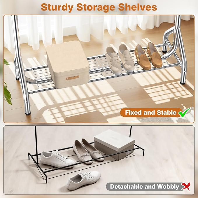 EAGMAK Double Rod Clothing Rack Load 622 LBS, Heavy Duty Clothes Rack for Hanging Clothes, 82.68 inch High Garment Rack with Sotrage Shelves, Metal Clothing Hanger Closet Wardrobe Organizer (Silver)
