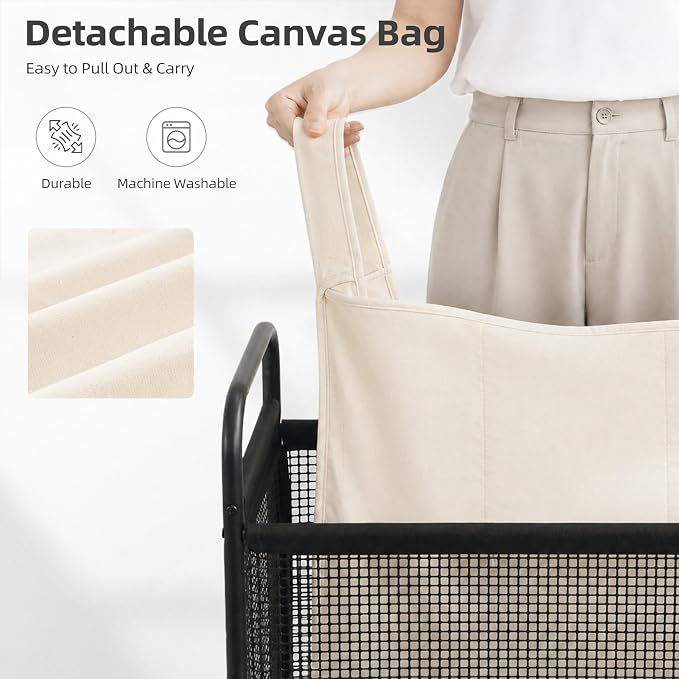 STORAGE MANIAC Rolling Laundry Hamper with Wheels 3-Section Laundry Sorter Rolling Laundrys Basket on Wheels with Removable Bag Clothes Hamper Laundrys Organizer Cart Bathroom Bedroom 120L Beige