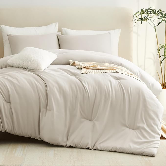 Oversized King Comforter Set, 3 Pieces Beige Quilted Bedding | 270 GSM Down Alternative Fill, 4 Corner Ties for Duvet Insert Use, All Season, OEKO-TEX Certified, 2 Pillowcases, 120 x 98 in
