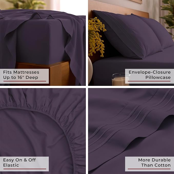 Mellanni Iconic 3-Piece, Ultra Soft Sheet Set (Twin, Purple) | 10M+ Sleepers. Lab-tested: Sleeps Cool, Stays Bright, Strong, Smooth. Good Housekeeping Best Bedding, 7 yrs running.