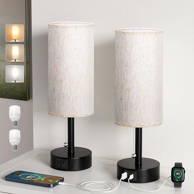 Cream Bedside Table Lamps Set of 2 - Bedroom Lamp for Desk, USB C+A | 3CCT(3000K/4000K/5000K), LED Bulbs Included, Cream Fabric Lampshade, 14in Small Lamp for Nightstand, Guest Room, Living Room